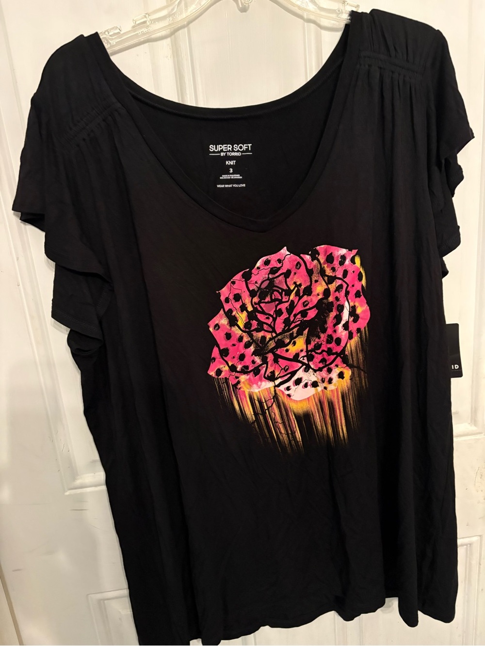 Torrid Black Short Sleeve Super Soft Tee with Hot Pink & Yellow Floral Graphic